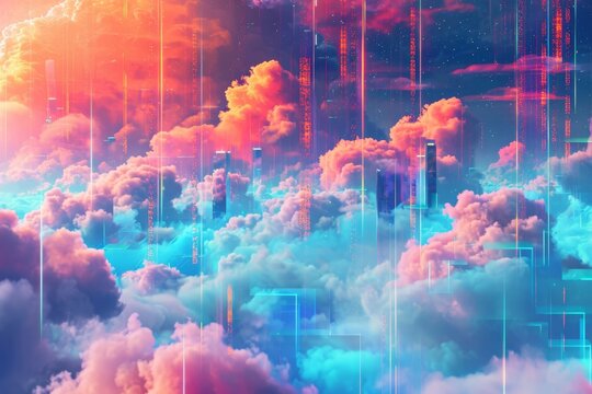 A vibrant sky filled with a multitude of clouds, forming a striking display of colors, A colorful, surreal representation of data migration from NAS to cloud, AI Generated