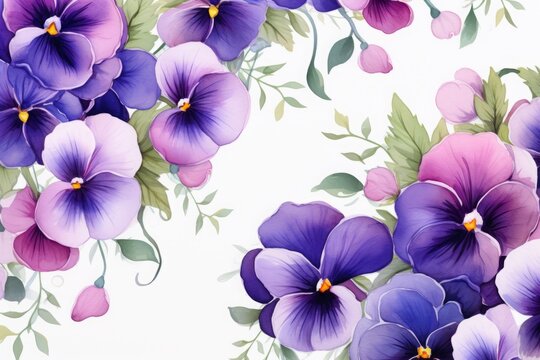 lilac pansies, painted watercolor flowers. floral background, texture of garden summer flowers.
