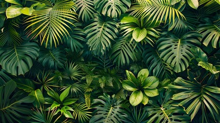 Fototapeta na wymiar green tropical leaves top view. Floral background