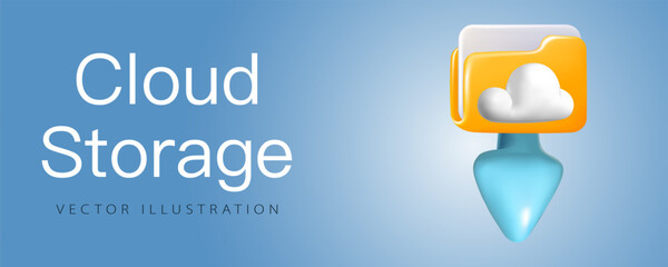 Cloud storage banner in realistic 3d volumetric plastic style, isolated on background. Cloud upload or online file unloading poster.