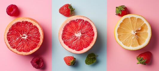 organic citrus fruits with raspberries, set against a dual-tone background, epitomizing fresh,...
