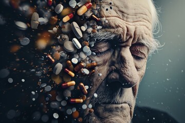 An image capturing an elderly man with a multitude of pills forcefully protruding from his facial region, A conceptual portrait showing the aging effect of opioid abuse over time, AI Generated