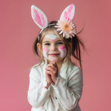 Joyful girl with Easter bunny face paint against a pink backdrop