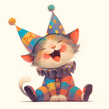 Vintage watercolor illustration of a happy cat dressed as a jester. Festive concept with copy space. Image of clown kitten for April Fools Day or Birthday event and greeting card. 