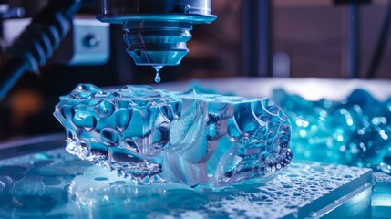 A 3D printing machine creates a model using resin, highlighting the detail achievable with current 3D printing technology