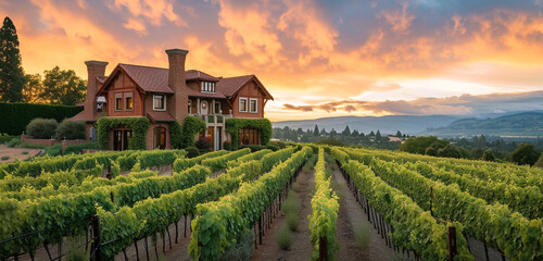 Craftsman house at sunrise, set against a backdrop of a sprawling vineyard ready for harvest