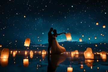 A bride and groom stand in front of lanterns floating in the sky, creating a romantic and memorable moment, A couple dancing under the stars, surrounded by floating lanterns, AI Generated - Powered by Adobe