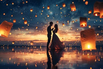 A man and a woman stand together in front of a sky filled with lanterns, creating a captivating scene, A couple dancing under the stars, surrounded by floating lanterns, AI Generated