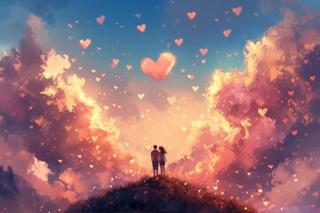 Two people are standing on a hilltop, looking out at the landscape under a cloudy sky, A couple standing on the top of a hill surrounded by heart-shaped clouds, AI Generated - Powered by Adobe