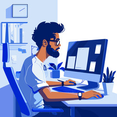 Attractive man - graphic designer working at computer