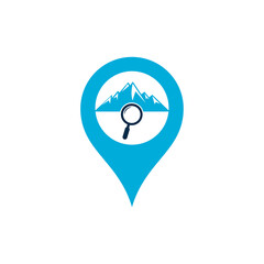 Mountain and loupe gps shape concept logo combination. Nature and magnifying symbol or icon. Magnifying glass and mountain logo design