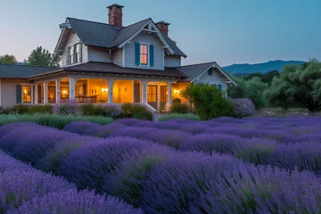 Keuken spatwand met foto Craftsman house at sunrise on a lavender farm with the flowers in peak bloom © UMR