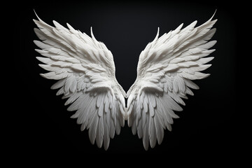 A pair of white angel wings on a black background. Generative AI