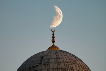 A crescent moon is visible above a dome on top of a building, creating a captivating nocturnal scene, A crescent moon above a mosque dome, AI Generated