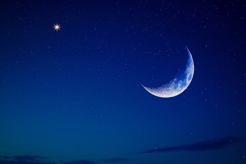 Obraz na płótnie Canvas A photo capturing the crescent moon and a star in the dark night sky, A crescent moon and star shining brightly against a deep blue night sky, AI Generated