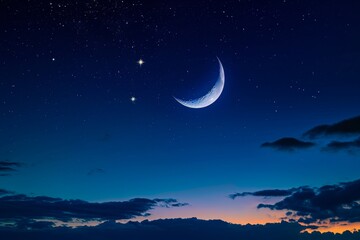 Obraz na płótnie Canvas A crescent moon shines brightly amidst a backdrop of clouds in the night sky, A crescent moon and star shining brightly against a deep blue night sky, AI Generated