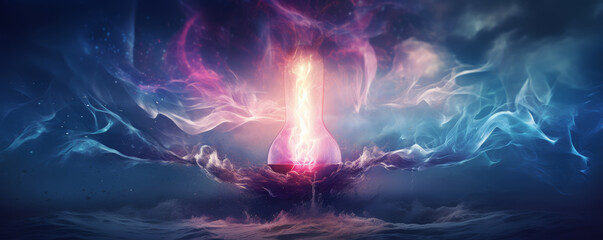 Obraz premium Electric energy and light burst emanating from bulb underwater. Digital art concept. Energy and nature fusion theme for design and wallpaper. Surreal scenery with copy space.
