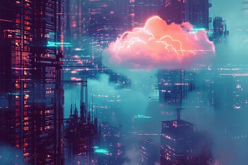 A photograph of a cityscape featuring a prominent cloud suspended in the center, creating a captivating visual contrast, A cyberpunk inspired view of cloud storage services, AI Generated