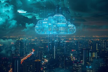 Fototapeta premium A photo capturing a blue cloud floating above a bustling urban landscape at night, A cyberpunk inspired view of cloud storage services, AI Generated