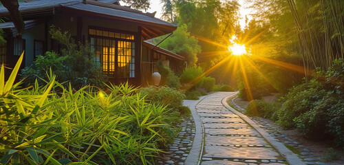 Craftsman house at sunrise, adjacent to a serene bamboo path leading to a Zen temple