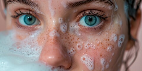 Close up of young woman's face with bath foam.