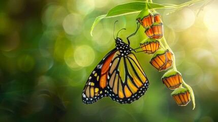 Obraz premium A captivating moment capturing the transformation of a monarch butterfly, highlighting the concept of metamorphosis and change
