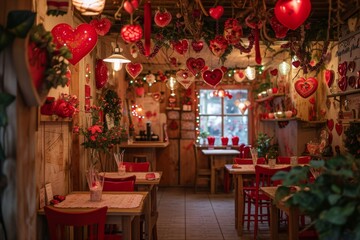 A Restaurant With Red Tables and Red Chairs, A darling little cafe adorned with Valentineâ€™s Day decorations, AI Generated