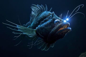 A detailed close up of a fish displaying its open mouth, capturing its unique features and feeding behavior, A deep-sea anglerfish luring prey with its bioluminescent organ, AI Generated