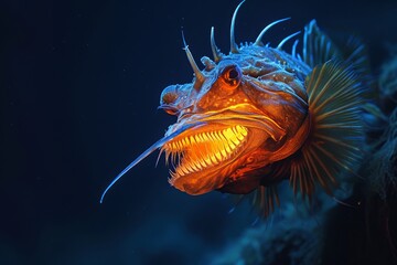 A detailed view of a fish with its mouth wide open, showcasing its sharp teeth and intricate gills, A deep-sea anglerfish luring prey with its bioluminescent organ, AI Generated