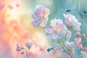 This photo features a cluster of pink flowers set against a softly blurred backdrop, A delicate blend of pastel colors depicting a spring sunrise, AI Generated - Powered by Adobe
