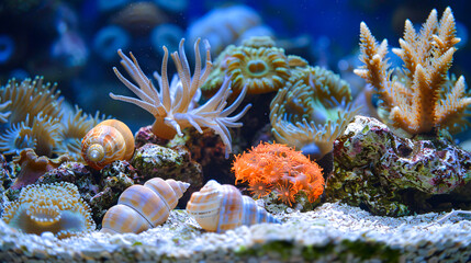 Vibrant aquarium reef, underwater exploration, colorful fish and coral life
