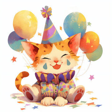 Vintage watercolor illustration of a happy cat with ballons dressed as a jester. Festive concept with copy space. Image of clown kitten for April Fools Day or Birthday event and greeting card. 