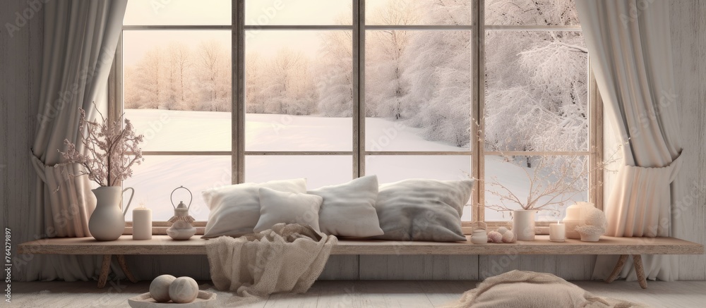 Poster a detailed view of a window with a wooden bench and a window sill in focus