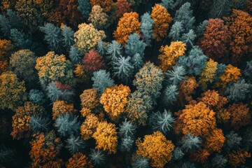 Fototapeta na wymiar An aerial perspective of a collection of trees, showcasing the natural landscape from above, A dense forest during autumn fall colors from above, AI Generated