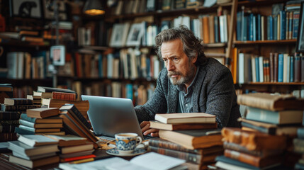 A dad blogger sitting at his desk, surrounded by stacks of books and a cup of coffee, typing away on his laptop as he shares his insights and experiences with his online audience.