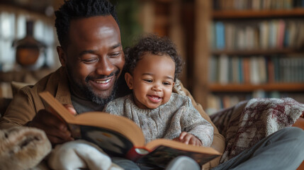 A heartwarming image of a dad blogger cuddling with his young child on the couch, both engrossed in a storybook, with their laughter echoing through the room as they bond over shar