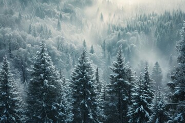 Be transported to a winter wonderland as you behold a sprawling forest dotted with countless snow-laden trees, A dense pine forest covered in snow, AI Generated - obrazy, fototapety, plakaty