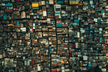 This aerial photo captures a vast expanse of houses, showcasing the sheer number and density of homes in the area, A densely-packed slum from an aerial perspective, AI Generated - obrazy, fototapety, plakaty