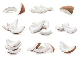 Various groups of fresh coconut pieces on white background - 764280019