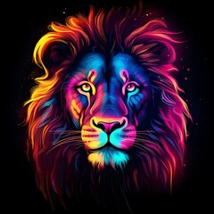 Vibrant neon lion portrait with abstract colorful strokes on a black background