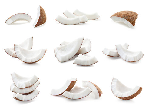 Various groups of fresh coconut pieces on white background