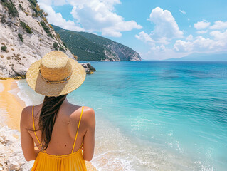 A tourist woman in yellow dress and hat enjoys the beautiful beach