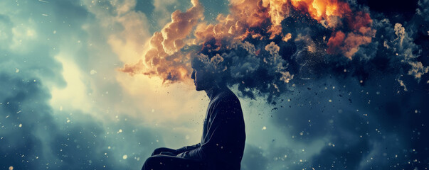 Creative man background. A person in contemplation with a head dissolving into a dramatic sky, symbolizing deep thought and the power of the mind. A surreal and artistic representation - obrazy, fototapety, plakaty