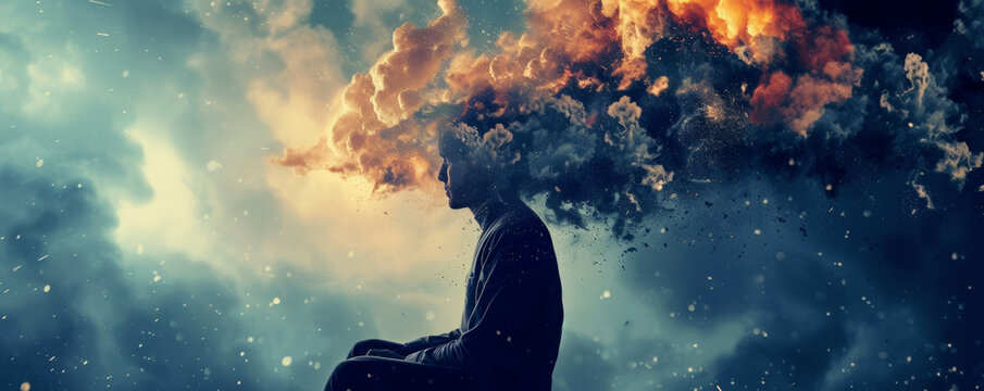 Creative man background. A person in contemplation with a head dissolving into a dramatic sky, symbolizing deep thought and the power of the mind. A surreal and artistic representation