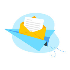 Vector image of a sent letter. Envelope and airplane in flat style.