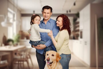 Positive happy young family with children and dog