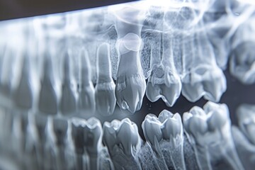 An x-ray image showing a tooth with a visibly absent neighboring tooth, A detailed view of human teeth X-ray film, AI Generated - obrazy, fototapety, plakaty