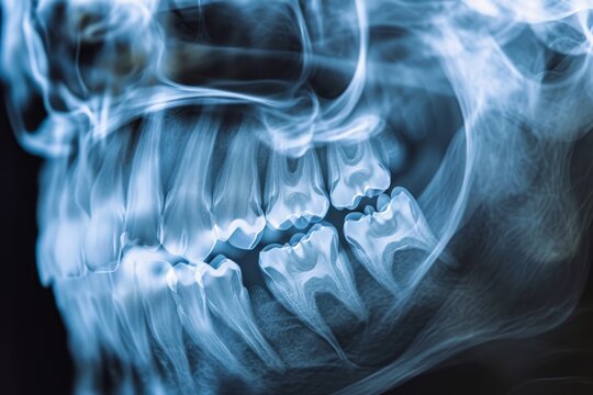 This photo showcases a blue x-ray of a skull, highlighting the intricate details of the teeth, A detailed view of human teeth X-ray film, AI Generated