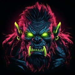 Intense neon-colored monster with glowing green eyes and sharp fangs