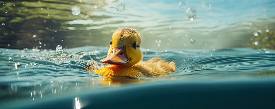 Rubber duck in blue water.  Splash play duck detail.